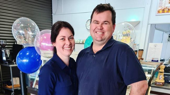 HAPPY ANNIVERSARY: Mundubbera Bakery and Cafe owners Kate Burns and Beau Milne celebrating their first year since opening. Picture: Facebook