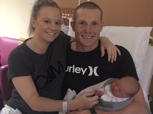 Adelaide Crows' star ruckman Sam Jacobs, wife Izzy and baby girl Imogen. Picture: Supplied.