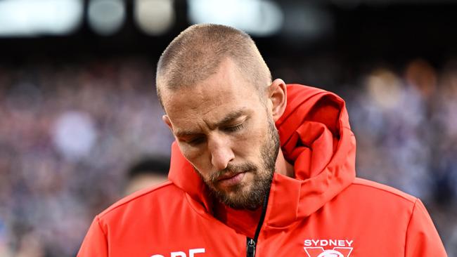 MELBOURNE, AUSTRALIA - SEPTEMBER 24: Sam Reid of the Swans looks upset after the loss during the 2022 Toyota AFL Grand Final match between the Geelong Cats and the Sydney Swans at the Melbourne Cricket Ground on September 24, 2022 in Melbourne, Australia. (Photo by Daniel Carson/AFL Photos via Getty Images)