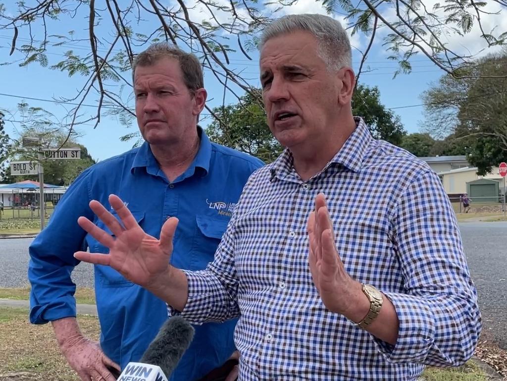 Glen Kelly, LNP candidate for Mirani, (l) and Dale Last (r) LNP Burdekin MP standing by the Peak Downs Highway in Walkerston promising $20m for the highway, and $100m for country roads in Queensland. Picture: Paul Brescia