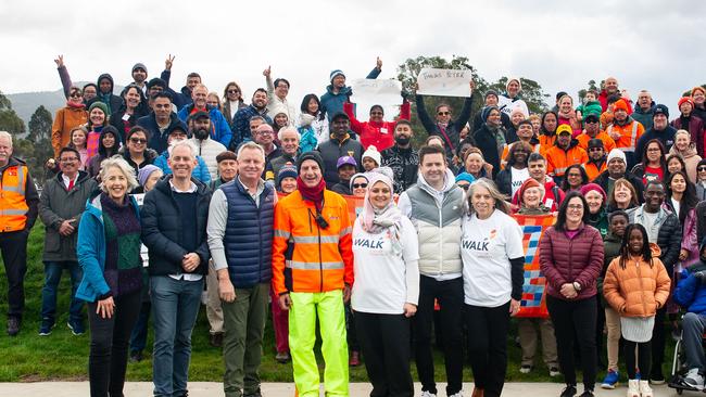 Former Tasmanian Premier Peter Gutwein completes the walk step up together at Montrose Foreshore. A large group of supporters were at Montrose to meet Peter Gutwein.Picture: Linda Higginson