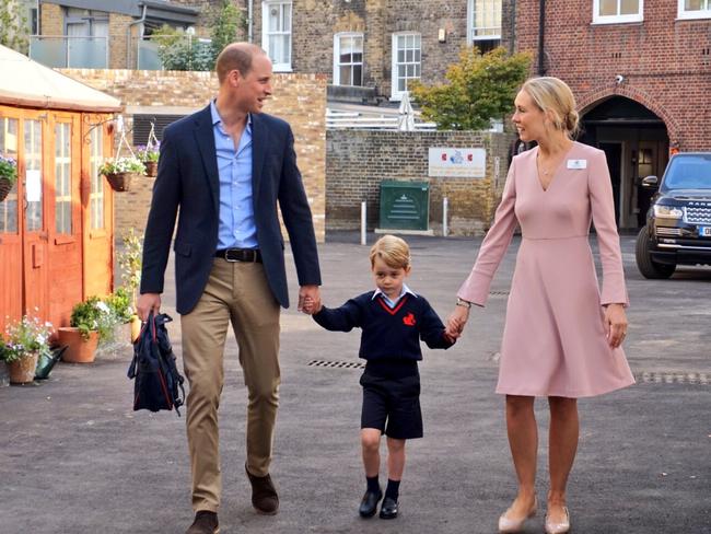 A proud Prince William held George’s hand as he walked him in. Picture: Kensington Palace