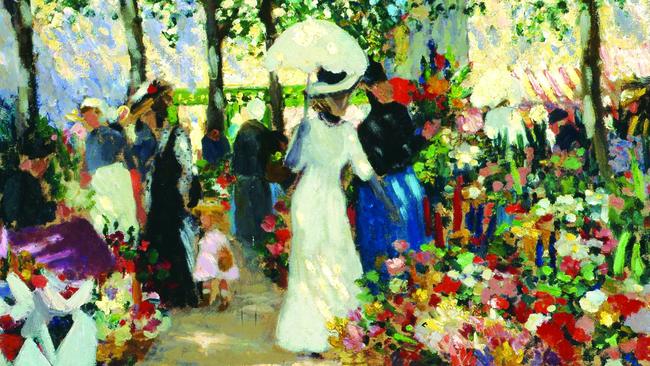 Ethel Carrick Fox’s French Flower Market (1909).