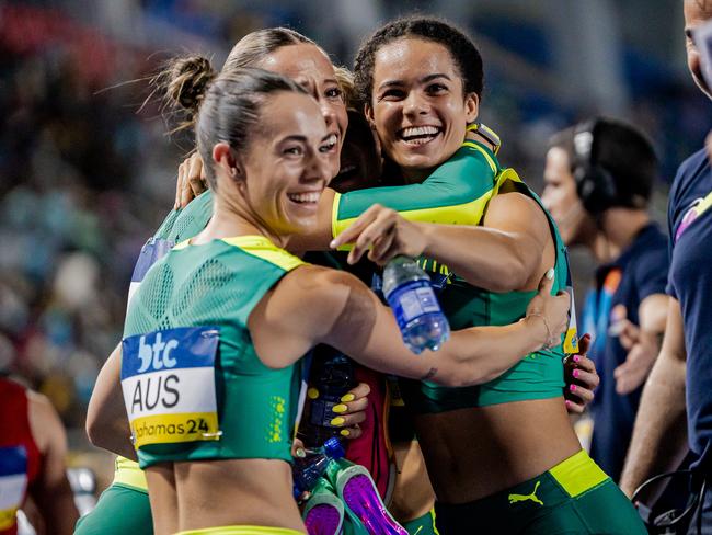 04/05/2024 Nassau, Bahamas; 4 May 2024 -  Australia’s women’s 4x100m relay team has all but punched their tickets to Paris 2024, marking their first Olympic appearance since Sydney 2000 with a record-breaking performance in the opening round of the World Athletics Relay Championships in Nassau, the Bahamas tonight.,  The team comprising of Australia’s fastest women in Torrie Lewis (QLD), Bree Masters (QLD), Ella Connolly (NSW) and Ebony Lane (VIC) put their rivalries on the track aside to demonstrate their prowess in the event, automatically advancing to the final with an Area Record time of 42.83-seconds.