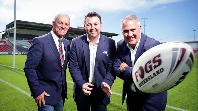 Delighted to have secured the 17th NRL licence are (from left) Bob Jones (Chairman of the RDRLFC), Terry Reader (NRL Bid director) and Tony Murphy (CEO of the Dolphins Group). Picture: Steve Pohlner