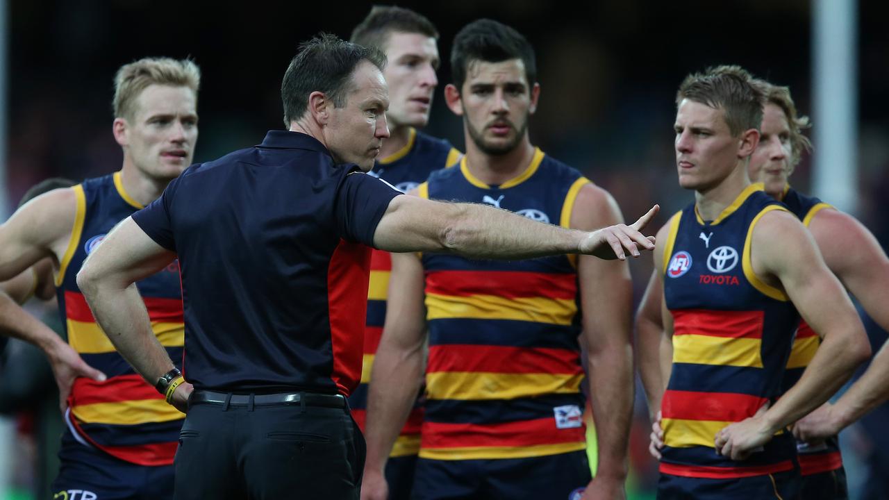 Brenton Sanderson giving his senior players a dressing down. Picture: Sarah Reed