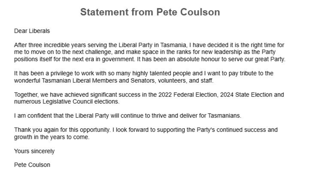 Liberal Party State Director Peter Coulson statement after resignation. Picture: Supplied