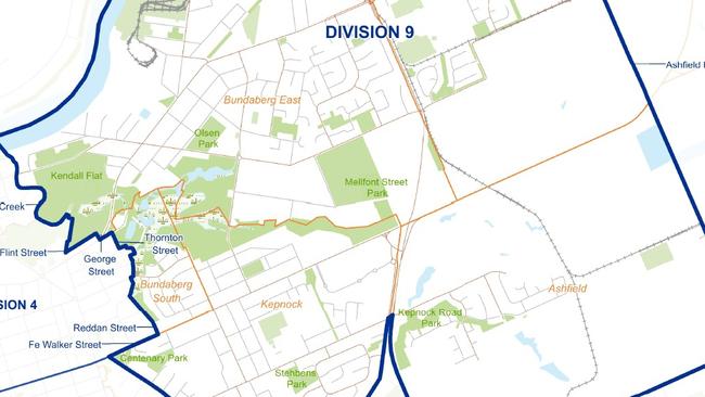 Division 9 encompasses Bundaberg East, Bundaberg South, Kepnock, Ashfield and Kalkie.