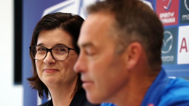 Clarkson and North Melbourne president Sonja Hood face the media. Picture: Michael Klein