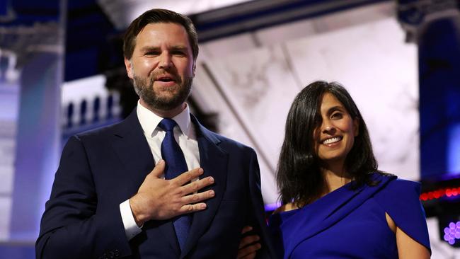 Republican vice presidential candidate, US Senator JD Vance is joined by his wife Usha Chilukuri Vance on stage at the Republican National Convention.