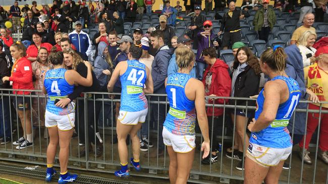 Suns players after their loss during the round one AFLW match between the Greater Western Sydney Giants (Photo by Mark Evans/Getty Images)