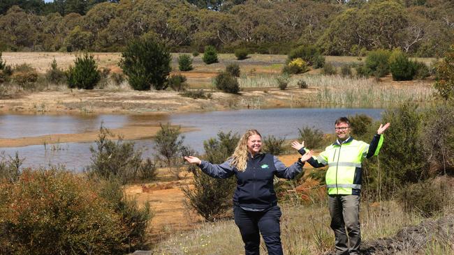 Bellarine Catchment Network biodiversity officer Ash Baldwin, left, and Barwon Water strategic project co-ordinator Tony Belcher at Murrkngubitj Yarram Yaluk. Picture: Alison Wynd