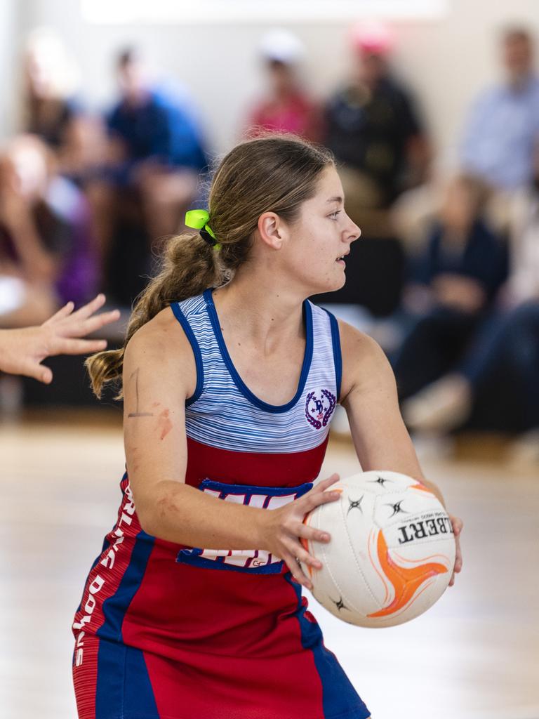 Chloe Anoleck for Darling Downs against Sunshine Coast in Queensland School Sport 13-15 Years Girls Netball Championships at The Clive Berghofer Sports Centre, The Glennie School, Friday, May 6, 2022. Picture: Kevin Farmer