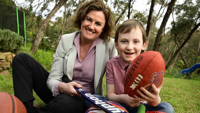 Leah Cassidy and her son Noah after her appointment as chief executive officer of Sport SA in 2018. Picture: Bianca De Marchi