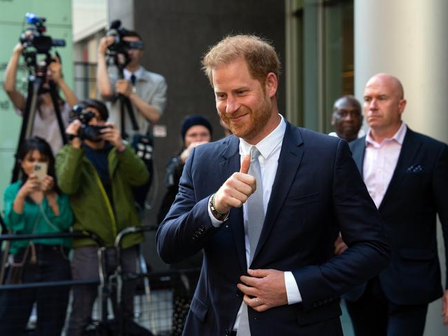 The Duke of Sussex gives a thumbs up as he leaves after giving evidence at the Mirror Group Phone. Picutre: Getty Images