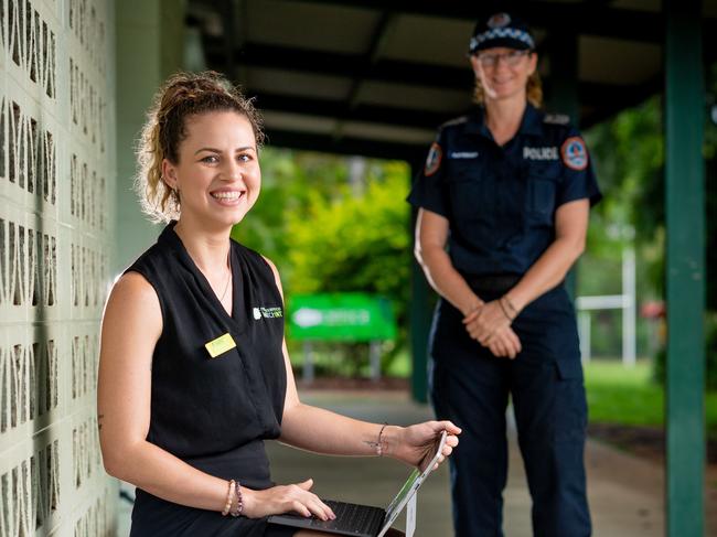 Ashleigh Ascoli from Neighborhood Watch NT jumps online to plan safe walks to school with Superintendent Angela Stringer. Picture: Che Chorley