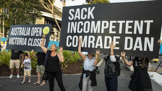 Lockdown protesters in front of the Rod Lavern Arena after Victoria was plunged into a five day lockdown. Picture: Getty Images.