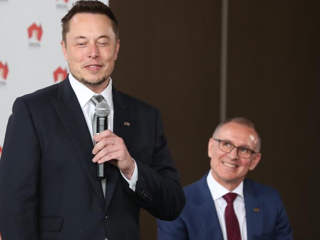 Tesla CEO Elon Musk and South Australian Premier Jay Weatherill at Adelaide Oval for the announcement. Picture: Tait Schmaal