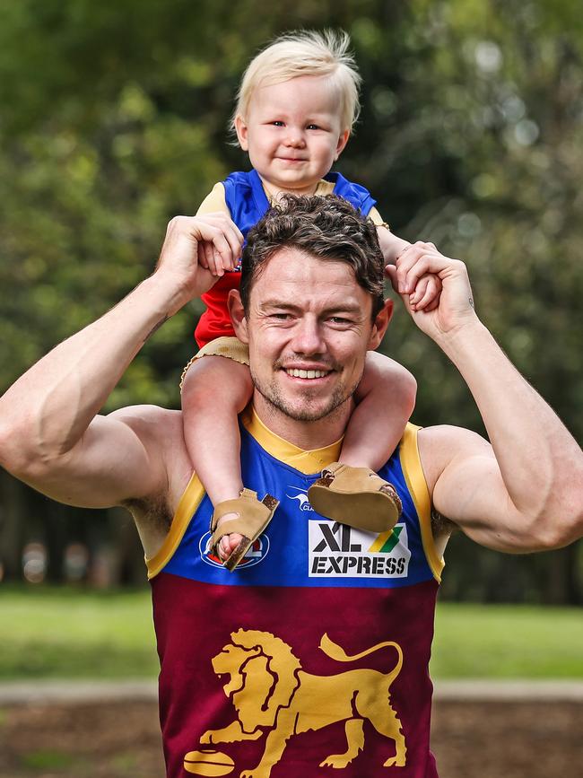 Brisbane Lions player Lachie Neale with daughter, Piper ahead of the Lions AFL preliminary final at the MCG in September. Picture: Zak Simmonds