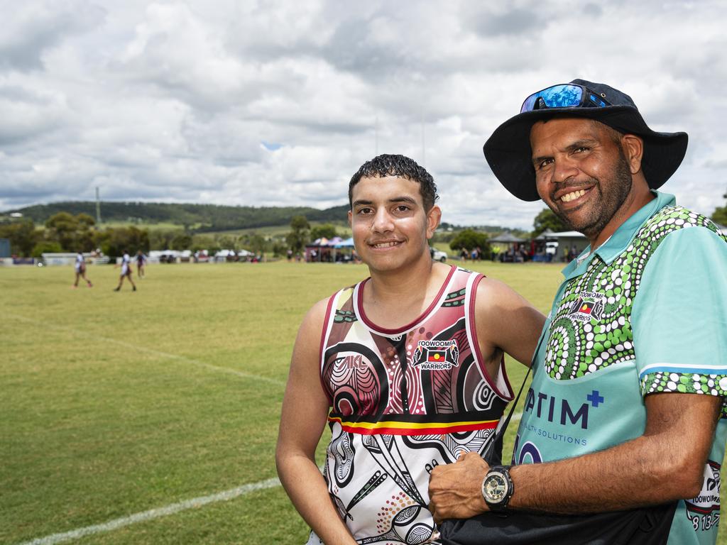 Chris Nelson (left) and Alfred Orcher at the Warriors Reconciliation Carnival women's games at Jack Martin Centre hosted by Toowoomba Warriors, Saturday, January 18, 2025. Picture: Kevin Farmer