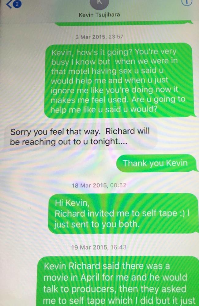 A text message exchange between Charlotte Kirk and Kevin Tsujihara in March 2015. Picture: Supplied