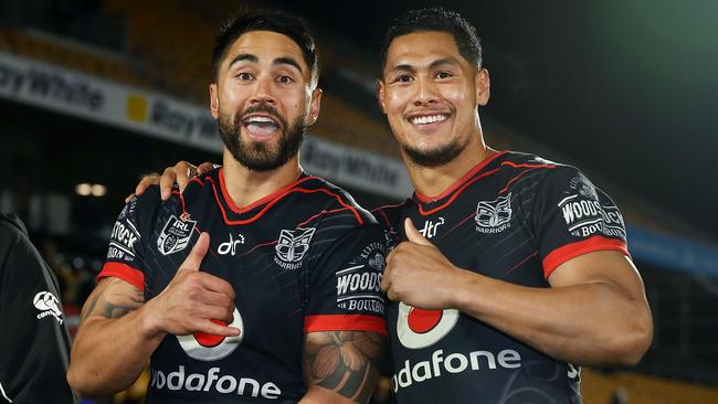 Shaun Johnson and Roger Tuivasa-Sheck after the Round 25 win over the Raiders. (Photo by Anthony Au-Yeung/Getty Images)