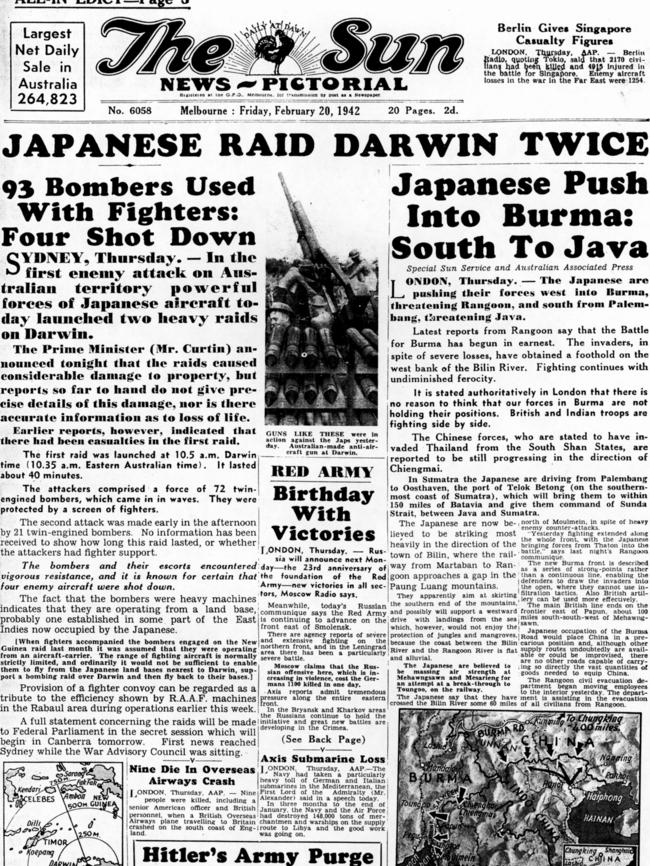 Front page of 'The Sun' newspaper on February 20, 1942.