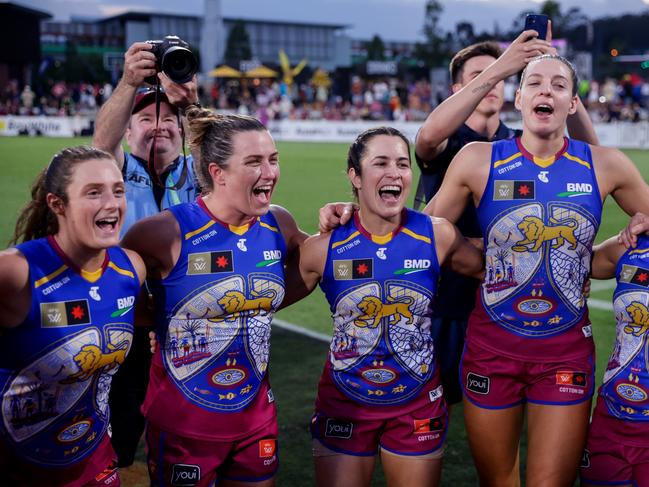 The Lions sing the team song after their win over Sydney. Picture: Russell Freeman/AFL Photos via Getty Images.