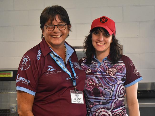 Wendy Houston and Renae Marsh at the CQ Capras game against the Ipswich Jets in Round 12 of the Hostplus Cup at Rugby Park, Rockhampton, on June 1, 2024.