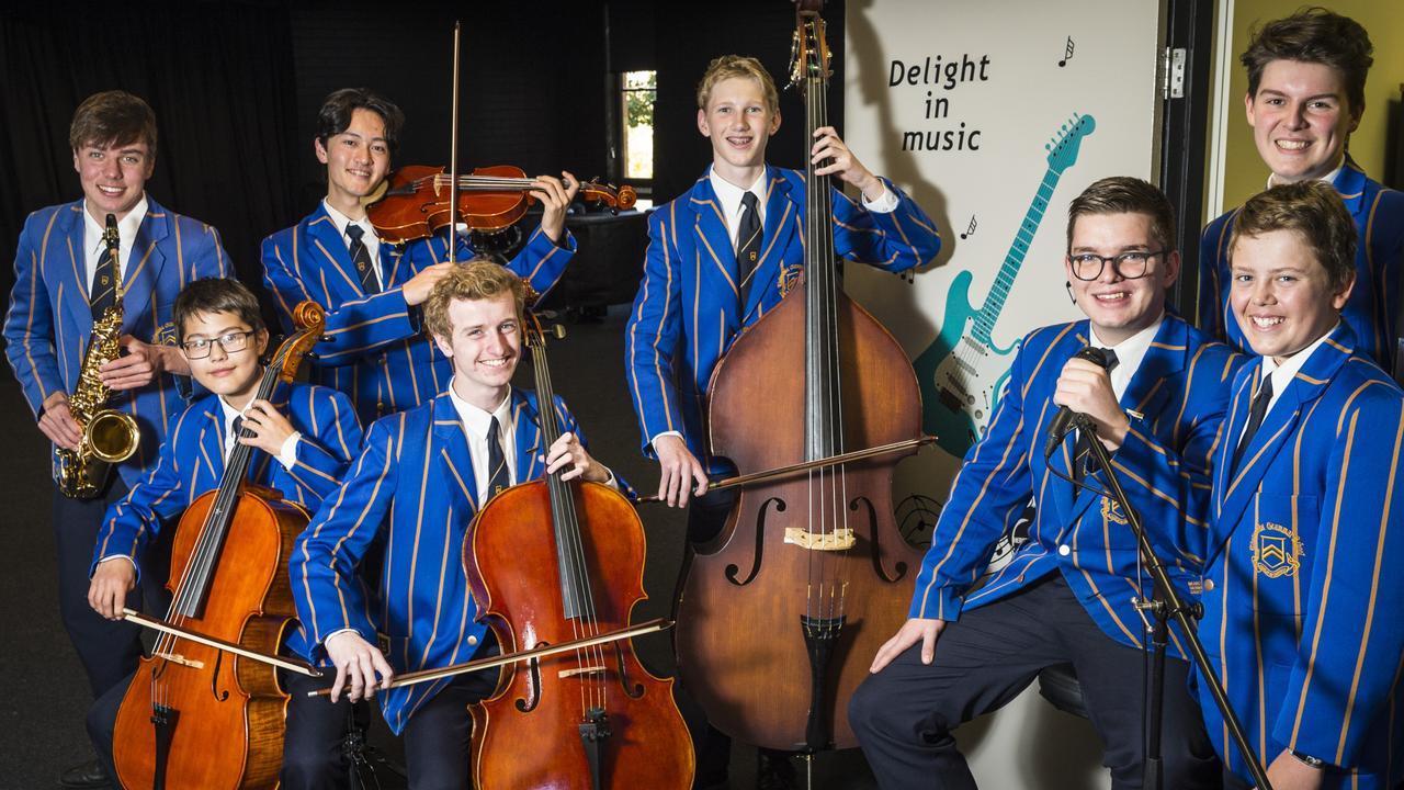 TGS music students (from left) James Crothers, Joshua Green, Sean Bain, Angus Mohr, Isaac Constable, Hamish Wells, Ruben Fitton and Banjo Seaniger, Tuesday, June 1, 2021. Picture: Kevin Farmer