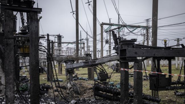 CENTRAL UKRAINE - NOVEMBER 10:  A crater is seen at high voltage substation switchyard which stands partially destroyed after the Ukrenergo power station was hit by a missile strike on October 10th, as Russia launched attacks throughout Ukraine, on November 10, 2022 in central Ukraine. Electricity and heating outages across Ukraine caused by missile and drone strikes to energy infrastructure have added urgency to preparations for winter. (Photo by Ed Ram/Getty Images)