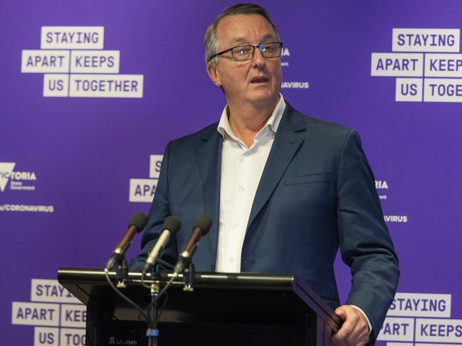 Soon-to-be health minister Martin Foley briefly took the podium before a journalist asked for Mr Andrews to return, adding “Sorry Mr Foley. Congratulations.” Picture: NCA NewsWire / Wayne Taylor