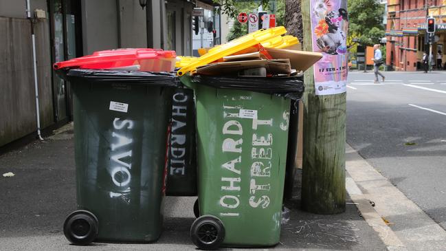 SYDNEY, AUSTRALIA - Newswire photos FEBUARY 08 2022: A view of bins out full of rubbish waiting to be emptied in Darlinghurst as the waste workers strike continues leaving the streets of the city of Sydney overrun with rubbish. Picture: NCA Newswire / Gaye Gerard