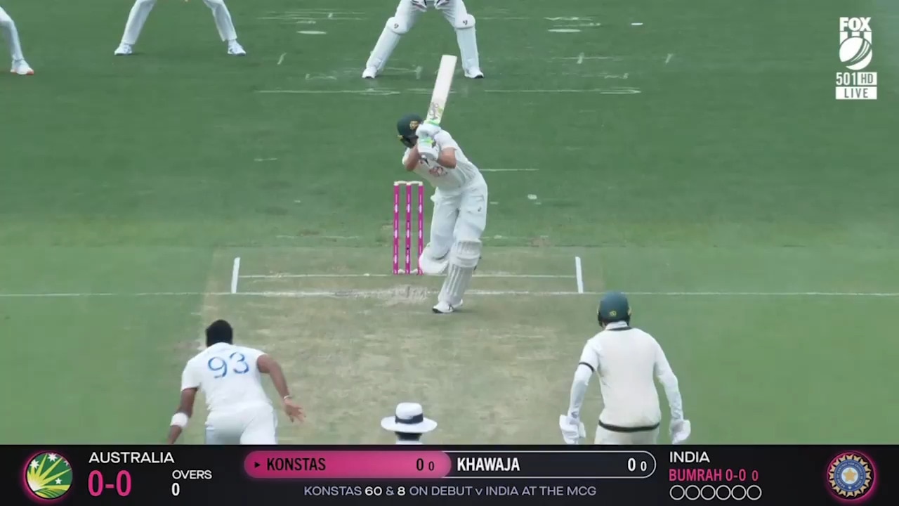 Konstas advances Bumrah and hits first ball of innings for four