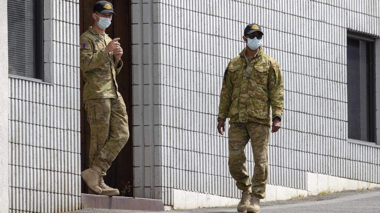 Australian Defence Force on patrol outside the Best Western Hotel in Hobart. Picture: Chris Kidd