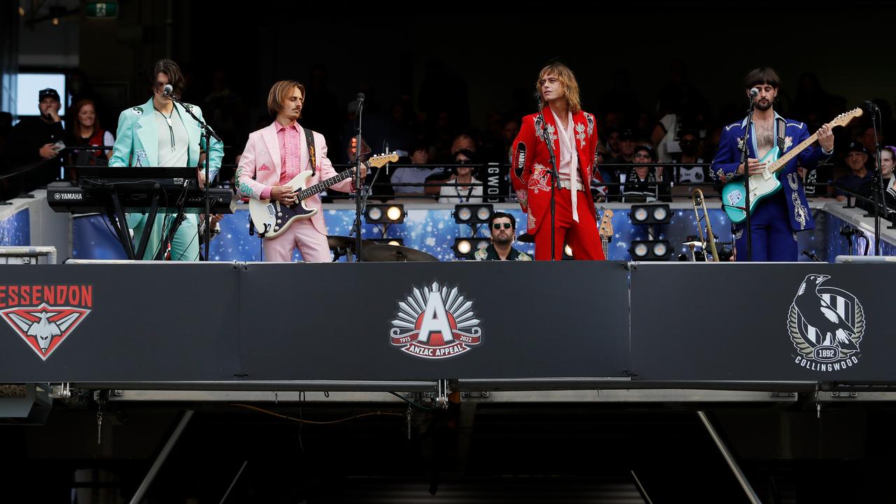 MELBOURNE, AUSTRALIA - APRIL 25: Lime Cordial perform during the 2022 AFL Round 06 match between the Essendon Bombers and the Collingwood Magpies at the Melbourne Cricket Ground on April 25, 2022 in Melbourne, Australia. (Photo by Dylan Burns/AFL Photos via Getty Images)