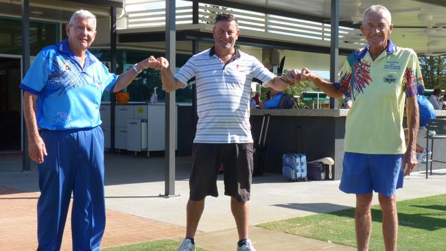 Winners of the Adam Hart Farewell Open Pairs: John Deale and Greg Dickman with Adam Hart (centre)