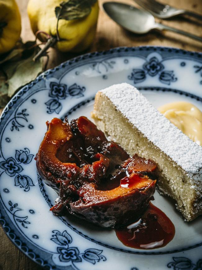 Baked quince, custard and vanilla pound cake recipe by Steve Cumper in Elaine Reeve's book <i>A Table in the Valley</i>.