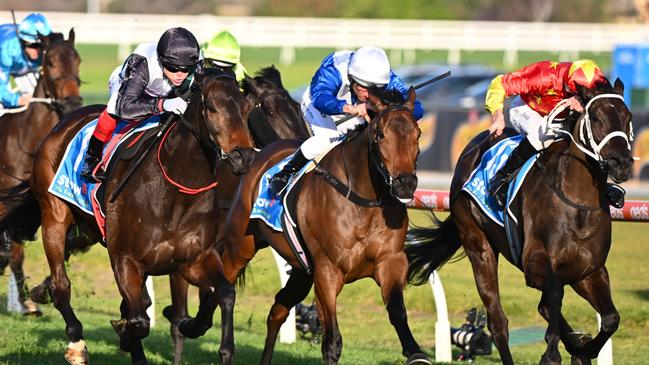 Mr Brightside (left), Alligator Blood (centre) and Princess Grace (right) will again do battle in the Group 1 Makybe Diva Stakes. Picture: Getty Images.