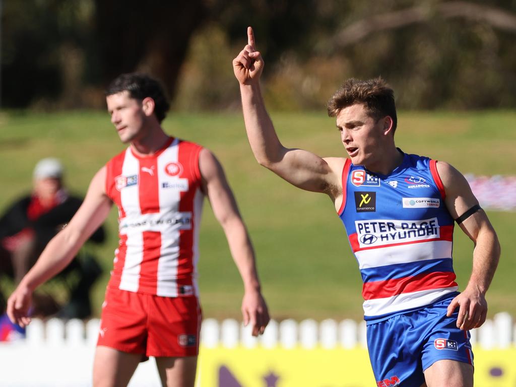 Harry Grant from the Bulldogs reacts after scoring a goal during the Round 16 SANFL match between Central Districts and North Adelaide at Elizabeth Oval. Picture: SANFL Image/David Mariuz