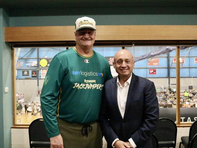 JackJumpers head coach Scott Roth and owner Larry Kestelman at the Elphin Sports Centre in Launceston Picture: Stephanie Dalton