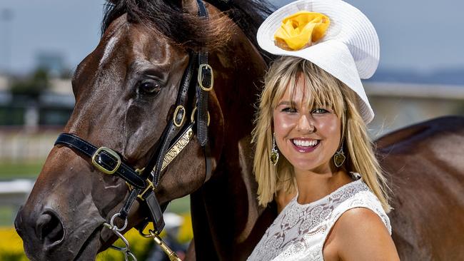 2018 Magic Millions Fashions on the Field MC Candice Dixon with racehorse Bold Adventure at the Gold Coast Turf Club. Picture: Jerad Williams