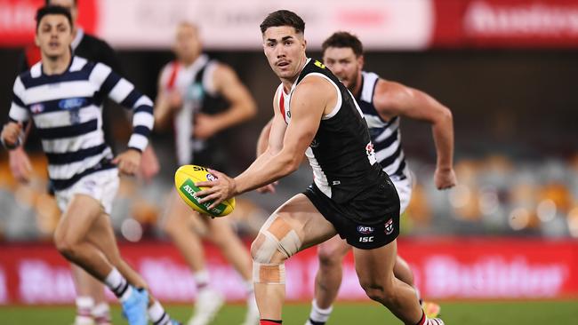 Jade Gresham of the Saints in action during the round 11 AFL match between the St Kilda Saints and the Geelong Cats. (Photo by Albert Perez/Getty Images)