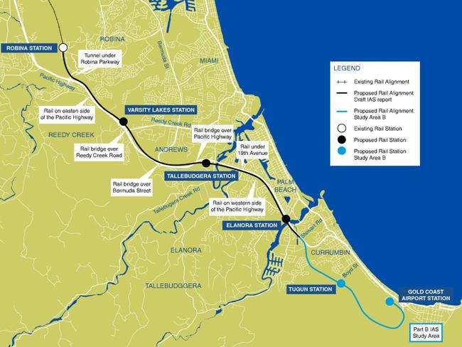 Map of the planned extension of the Gold Coast heavy rail to Gold Coast Airport