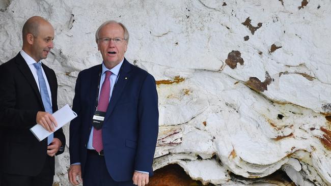 NRL CEO Todd Greenberg (left) and NRL Chairman Peter Beattie (right) chat ahead of the 2019 NRL Season Launch in Sydney, Thursday, March 7, 2019. (AAP Image/Dean Lewins) NO ARCHIVING