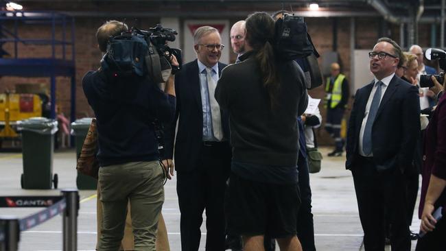 Anthony Albanese and Qantas CEO Alan Joyce leaving the launch of the Qantas Yes campaign in Sydney in August last year. Picture: Gaye Gerard/NewsWire