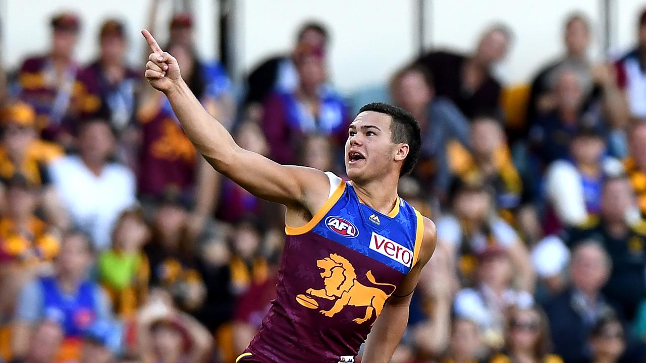 Cameron Rayner celebrates kicking a goal against Hawthorn this year.