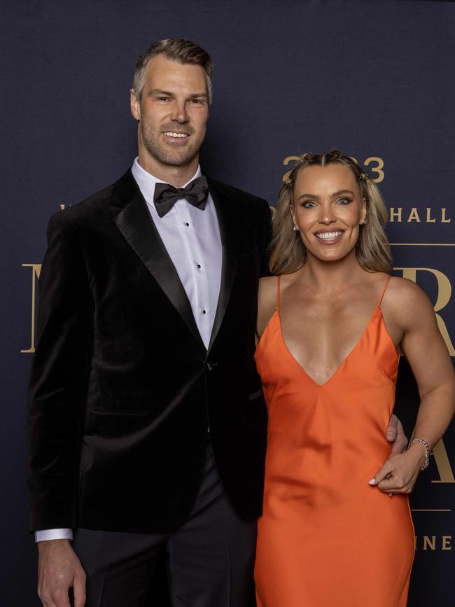 Keegan Brooksby and Abbey Holmes on the Red Carpet at the Magarey Medal Presentation at Adelaide Oval. Picture Kelly Barnes