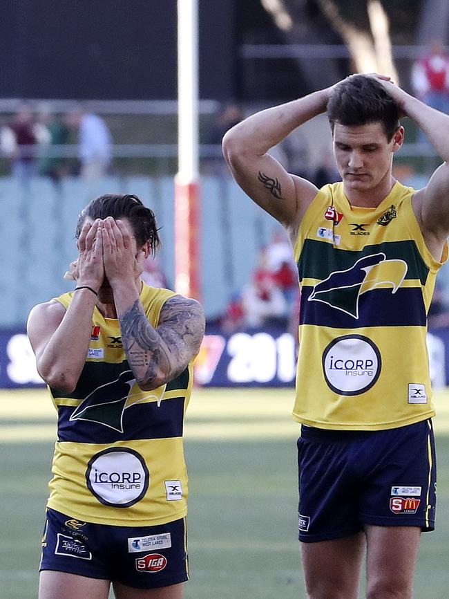 James Boyd and Luke Thompson stand in disbelief after the loss. Picture Sarah Reed