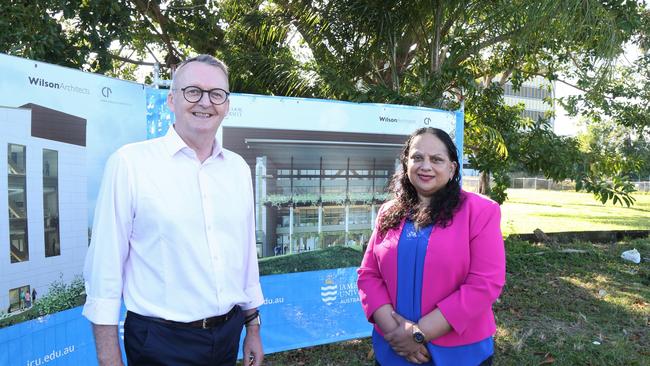 James Cook University vice chancellor professor Simon Biggs with Cairns and Hinterland Hospital and Health Service chief executive Leena Singh in front of new artist impressions for the new Cairns Tropical Enterprise Centre. Picture: Peter Carruthers